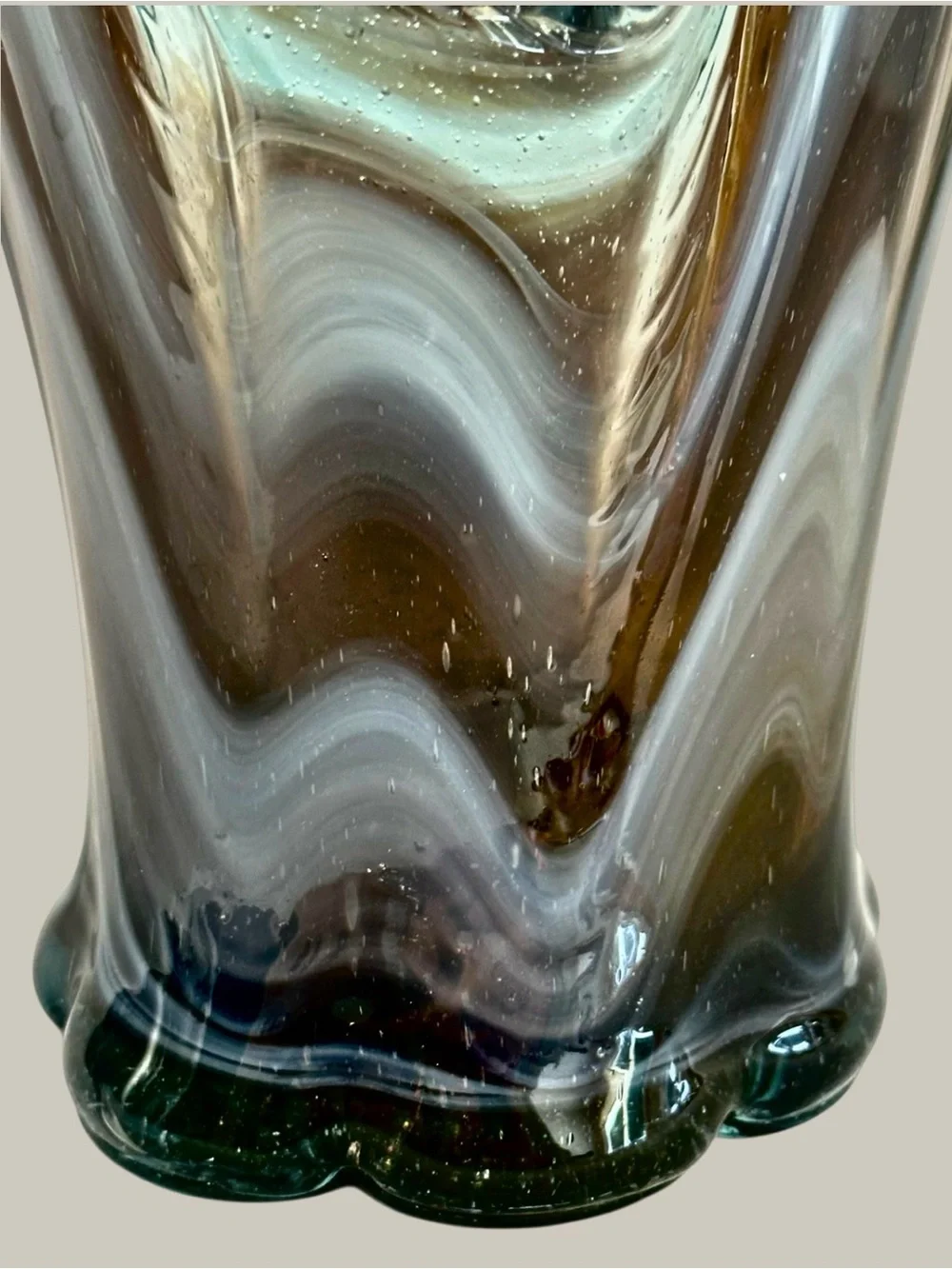 Murano Style Hand Blown Art Glass Basket Vase Blue Gray Swirl Controlled Bubble